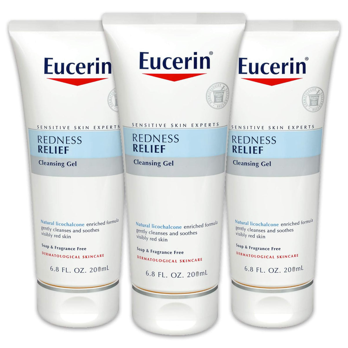 Eucerin Redness Relief Cleansing Gel - Fragrance Free, Gently Cleanses Sensitive Skin - 6.8 fl. oz. Tube (Pack of 3)