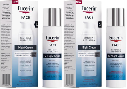 Eucerin Face Immersive Hydration Night Cream with Hyaluronic Acid and Provitamin B5,Ultra-Lightweight Face Moisturizer Smooths Fines Lines and Wrinkles,2.5 Oz Bottle,(Pack of 2)