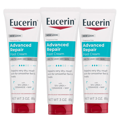 Eucerin Advanced Repair Foot Cream for Dry Feet and Heels, Repairs Very Dry, Rough Skin, Fragrance Free, Non Greasy, Fast Absorbing, Travel Size Lotion, 3 Oz Tube, Pack of 3